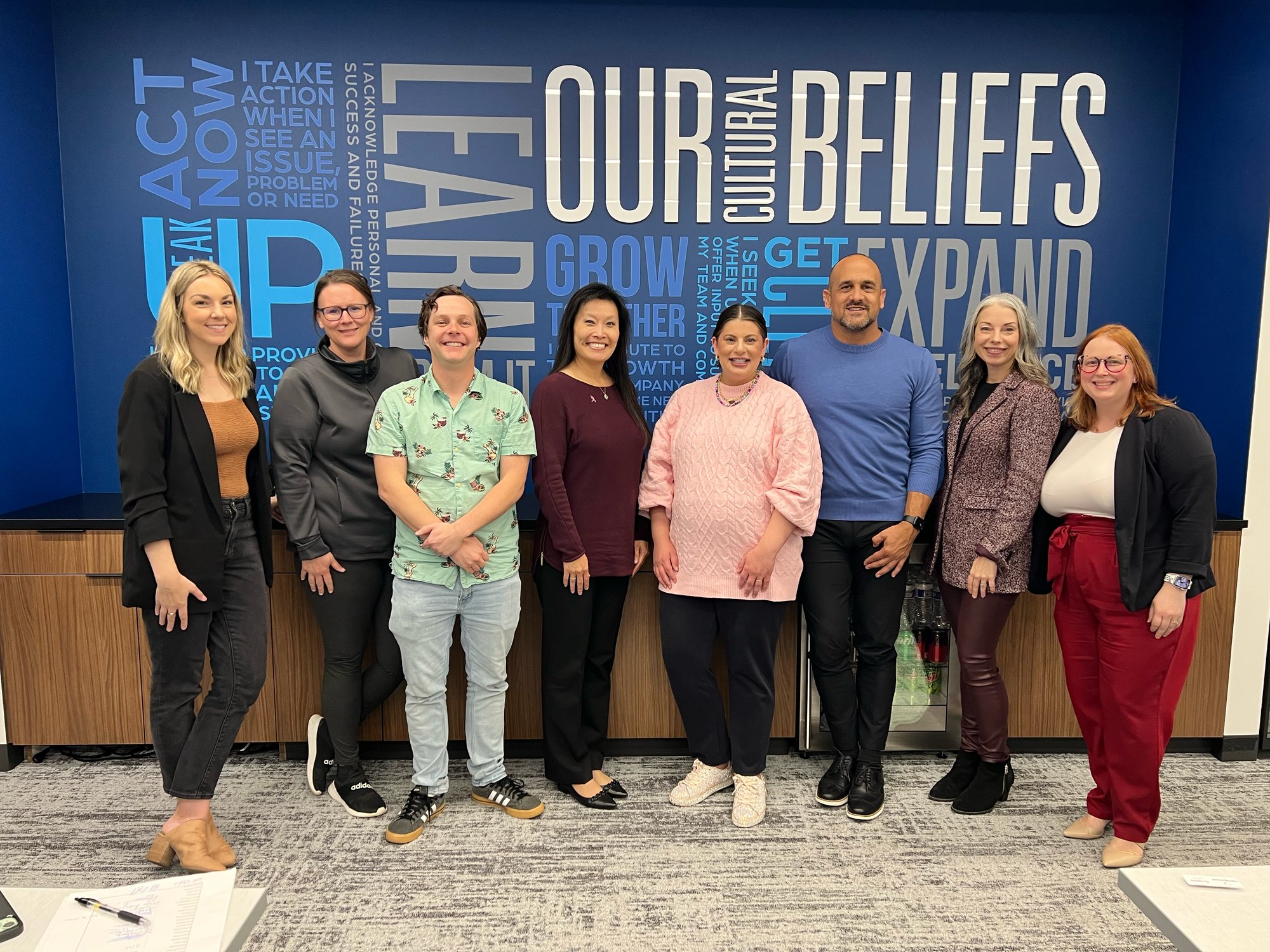 Team in front of a values wall